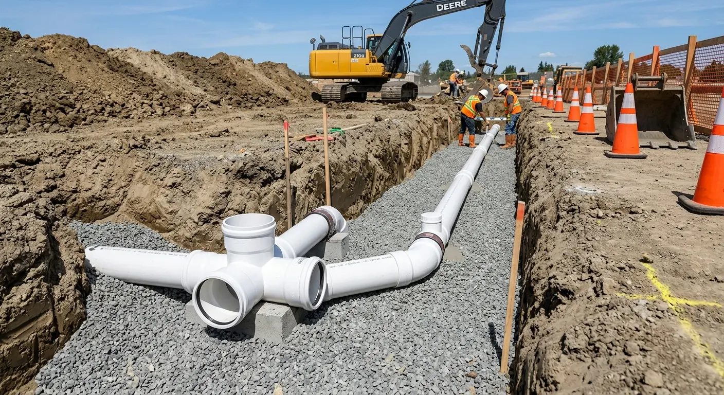 New PVC sewer pipe installation in open trench for Grease Trap Cleaning in Clarcona