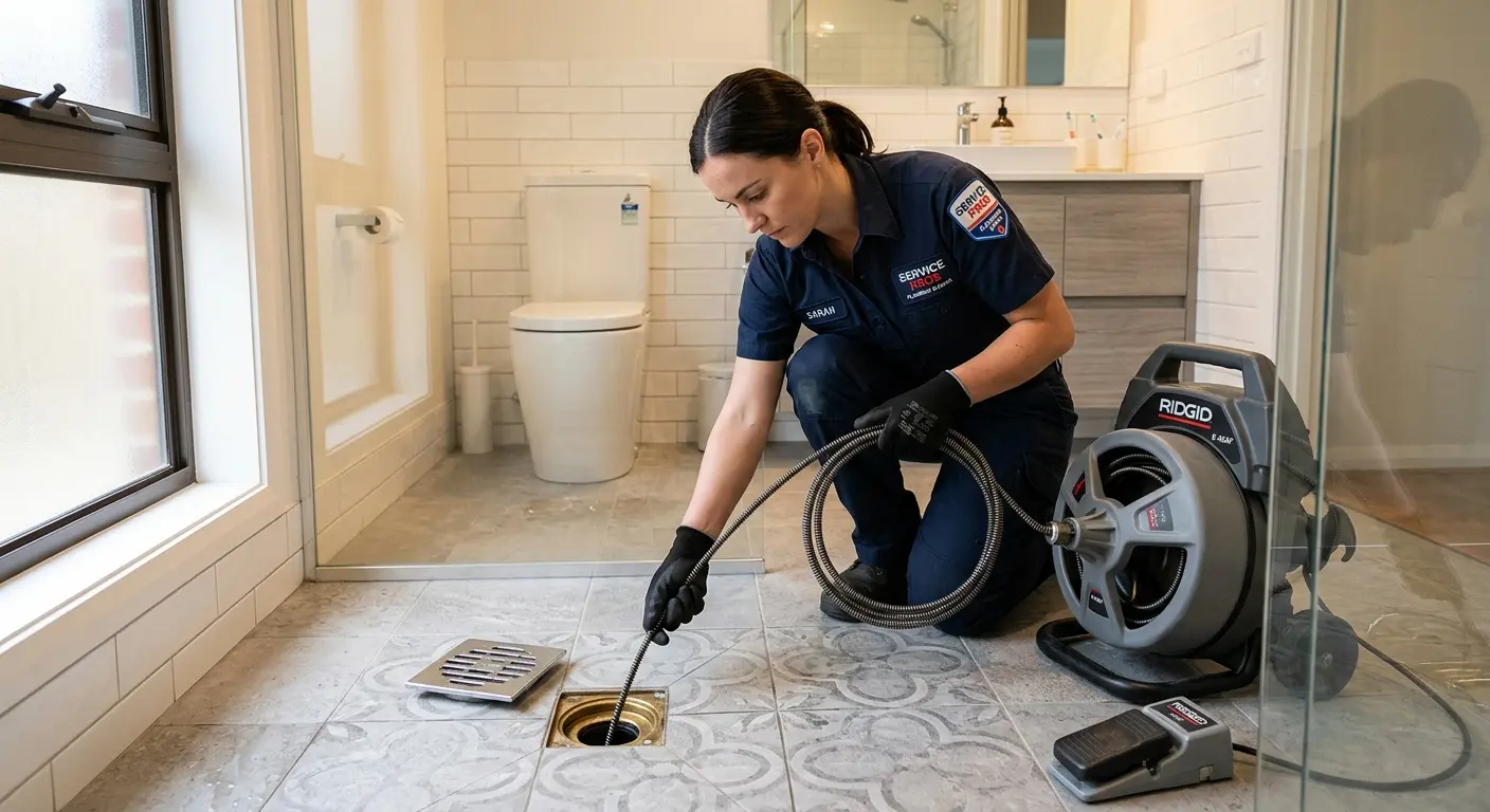 Technician clearing a bathroom floor drain for Drain Repair in Clarcona